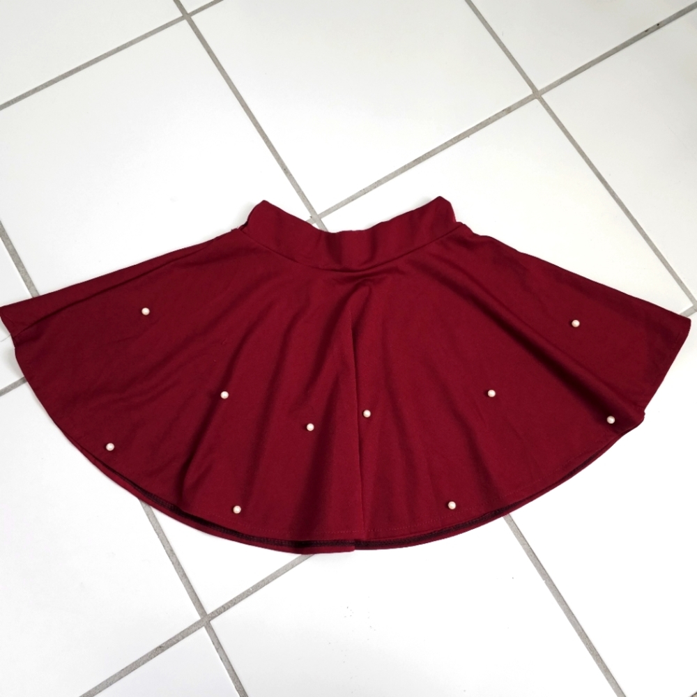 Like New maroon red flare mini skirt with pearls, S